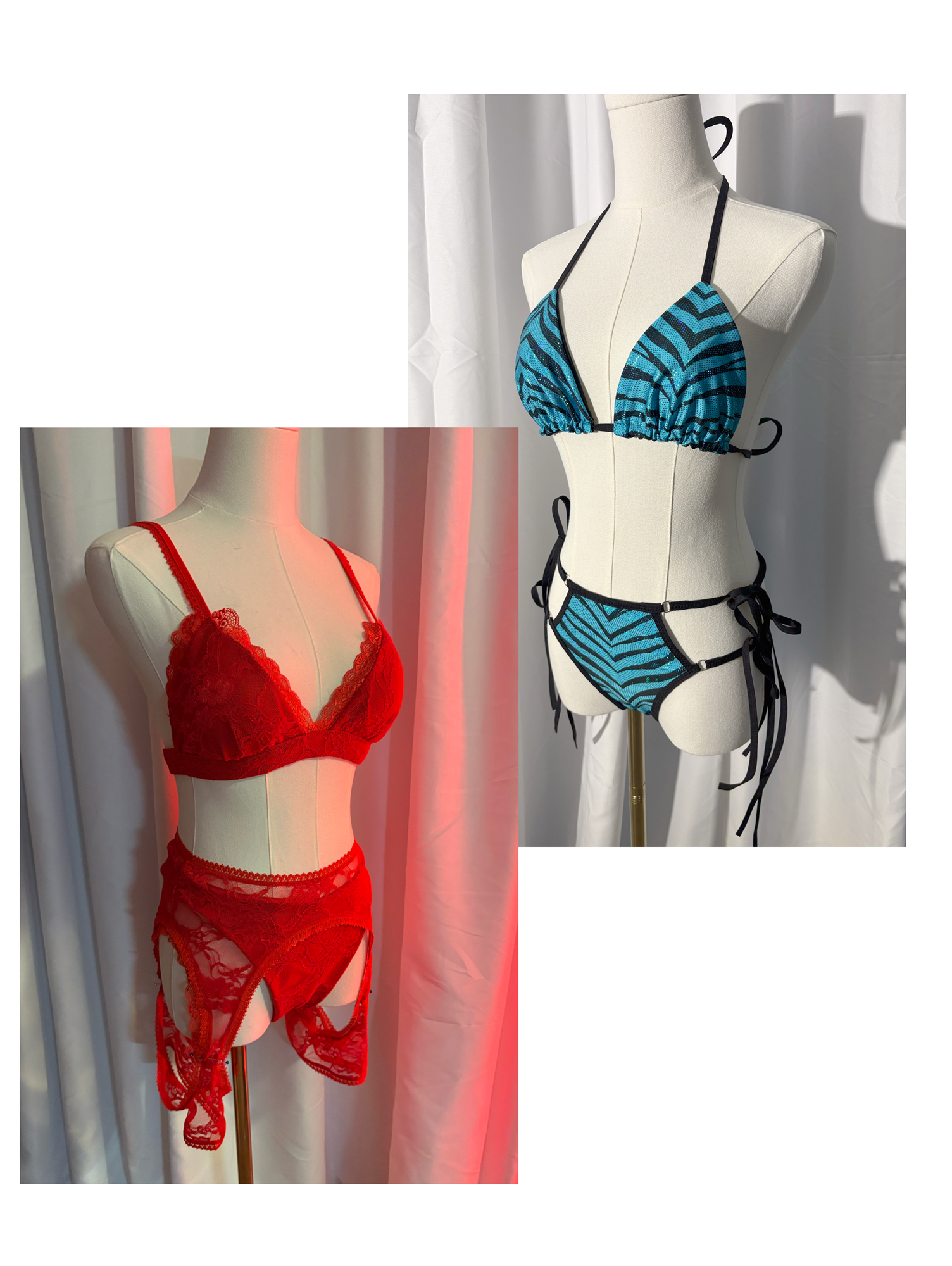 Finished handmade aerial costumes on mannequins